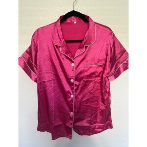 Unbranded Pajama Top Hot Pink Satin with White Piping Womans XL